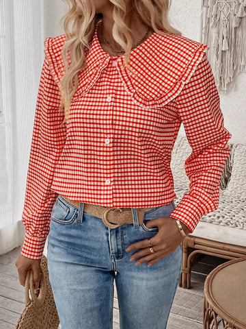 LUNE Women's Plaid Peter Pan Collar Long Sleeve Blouse