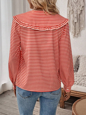 LUNE Women's Plaid Peter Pan Collar Long Sleeve Blouse