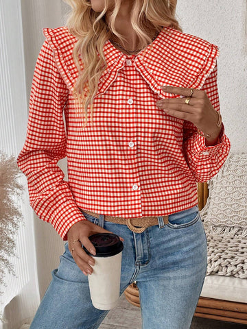 LUNE Women's Plaid Peter Pan Collar Long Sleeve Blouse