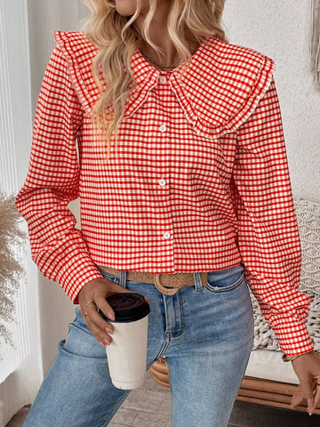 LUNE Women's Plaid Peter Pan Collar Long Sleeve Blouse