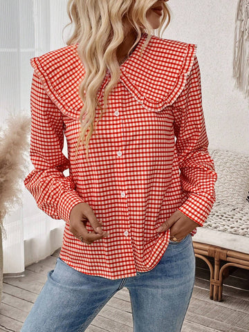 LUNE Women's Plaid Peter Pan Collar Long Sleeve Blouse