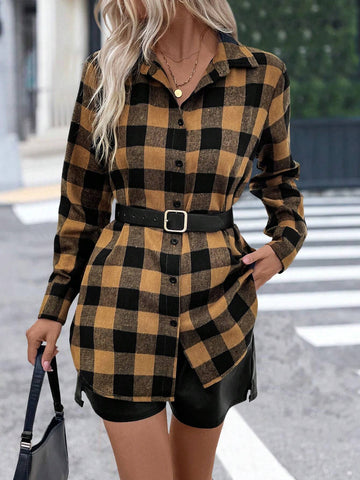 LUNE Women's Plaid Print Button Front Long Sleeve Casual Shirt