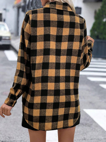 LUNE Women's Plaid Print Button Front Long Sleeve Casual Shirt