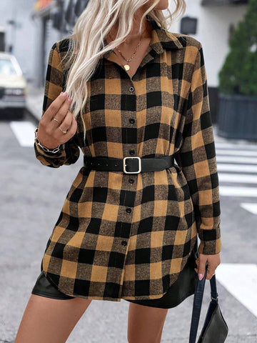 LUNE Women's Plaid Print Button Front Long Sleeve Casual Shirt