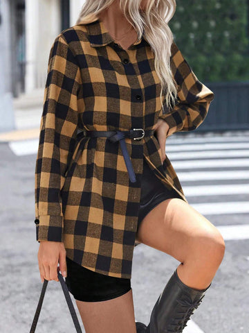 LUNE Women's Plaid Print Button Front Long Sleeve Casual Shirt