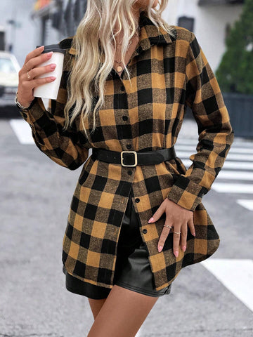 LUNE Women's Plaid Print Button Front Long Sleeve Casual Shirt