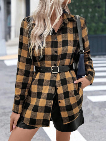 LUNE Women's Plaid Print Button Front Long Sleeve Casual Shirt