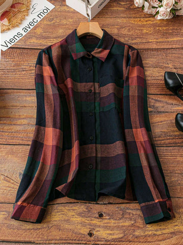 LUNE Women's Plaid Print Casual Long Sleeve Shirt