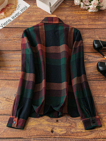 LUNE Women's Plaid Print Casual Long Sleeve Shirt