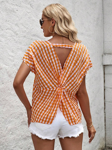 LUNE Women's Plaid Print Simple Daily Short Sleeve Shirt