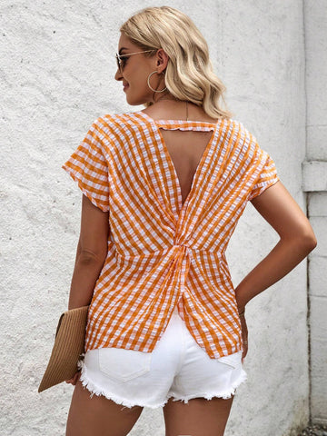 LUNE Women's Plaid Print Simple Daily Short Sleeve Shirt