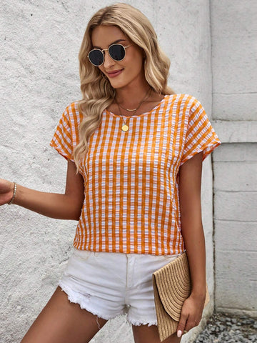 LUNE Women's Plaid Print Simple Daily Short Sleeve Shirt