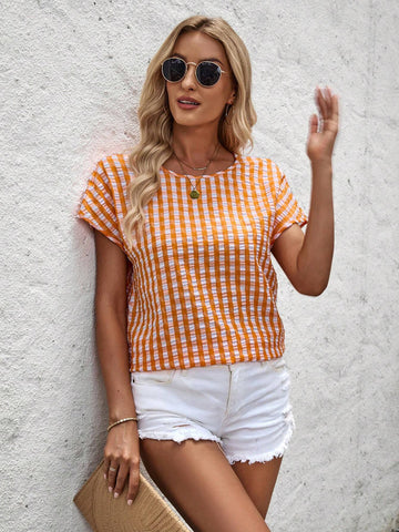 LUNE Women's Plaid Print Simple Daily Short Sleeve Shirt