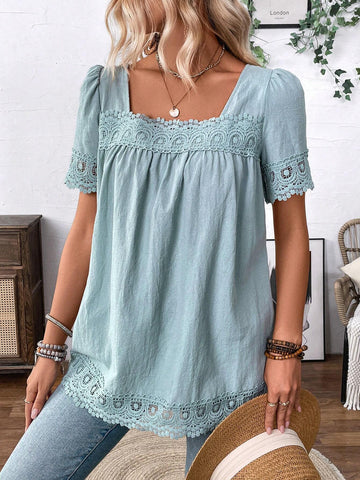 LUNE Women's Plain And Simple Short Sleeve Square Neck Blouse For Daily Wear