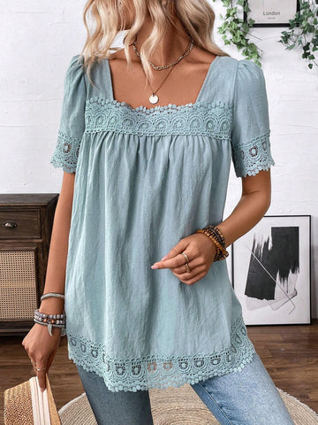 LUNE Women's Plain And Simple Short Sleeve Square Neck Blouse For Daily Wear