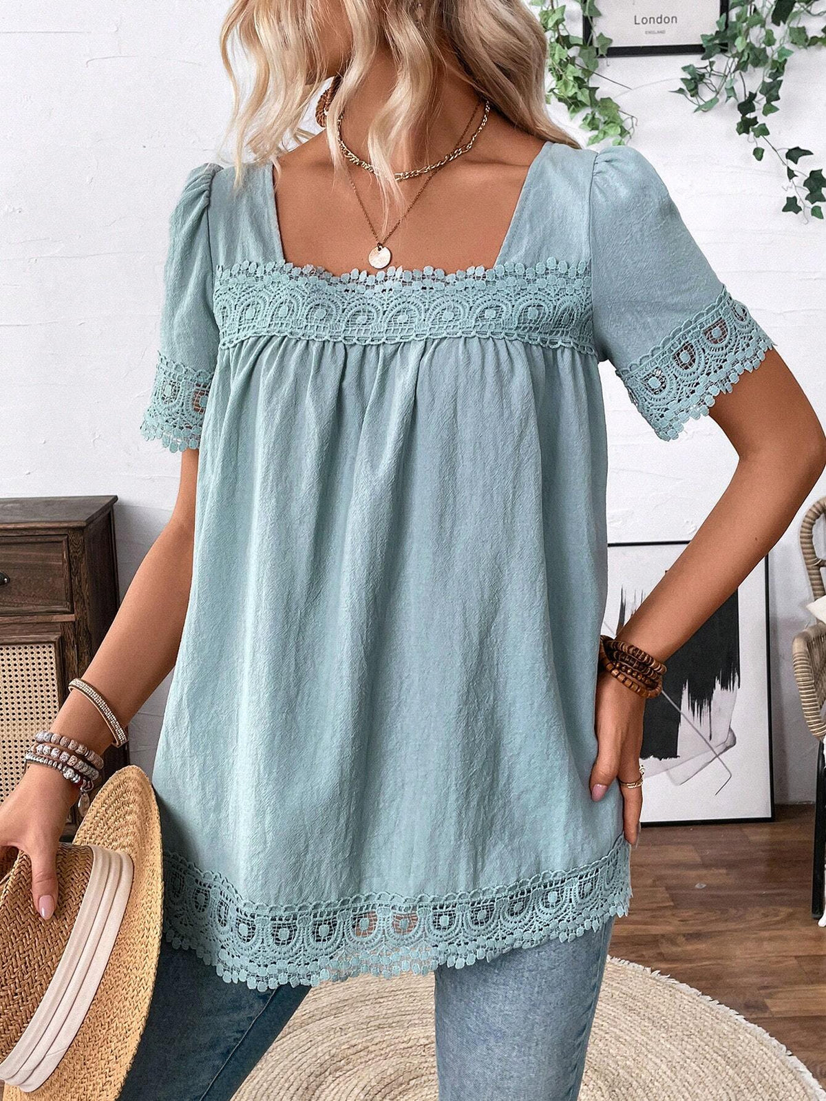 LUNE Women's Plain And Simple Short Sleeve Square Neck Blouse For Daily Wear