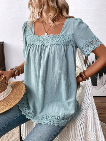 LUNE Women's Plain And Simple Short Sleeve Square Neck Blouse For Daily Wear