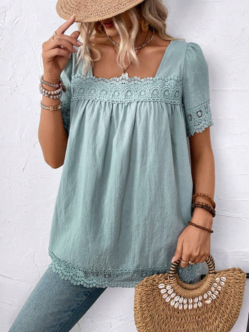 LUNE Women's Plain And Simple Short Sleeve Square Neck Blouse For Daily Wear