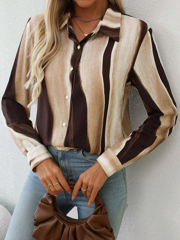 LUNE Women's Plain Color Block Front Button Long Sleeve Casual Blouse