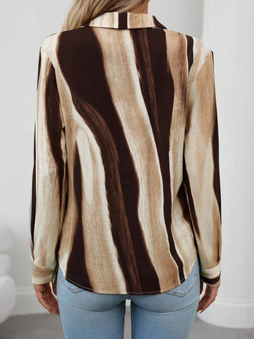 LUNE Women's Plain Color Block Front Button Long Sleeve Casual Blouse