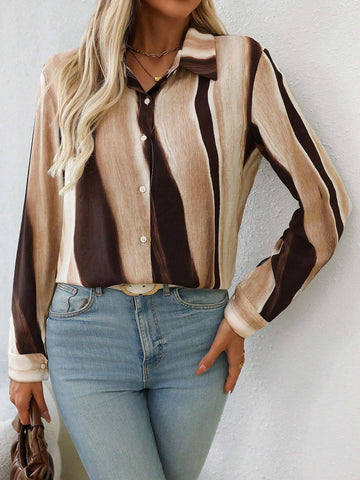 LUNE Women's Plain Color Block Front Button Long Sleeve Casual Blouse