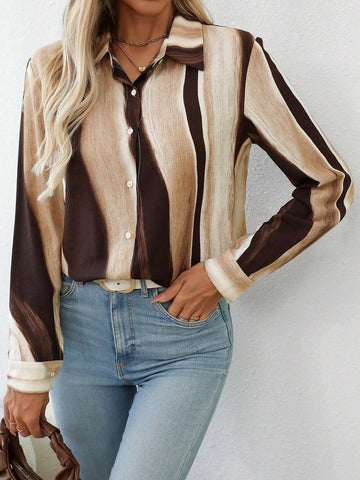 LUNE Women's Plain Color Block Front Button Long Sleeve Casual Blouse