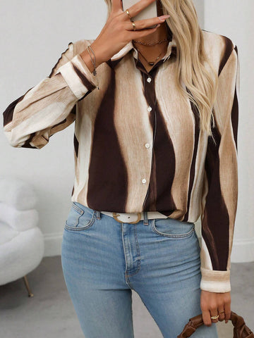 LUNE Women's Plain Color Block Front Button Long Sleeve Casual Blouse