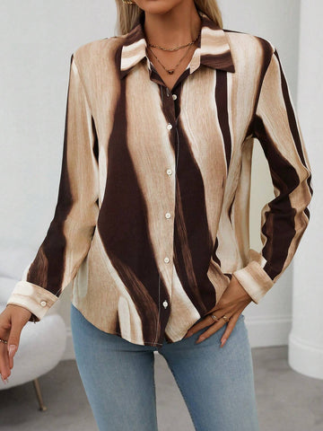 LUNE Women's Plain Color Block Front Button Long Sleeve Casual Blouse