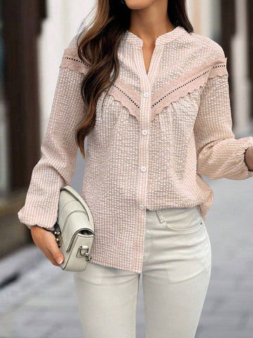 LUNE Women's Plain Color Patchwork Front Button Long Sleeve Minimalist Top, Casual Daily Wear