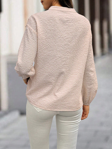 LUNE Women's Plain Color Patchwork Front Button Long Sleeve Minimalist Top, Casual Daily Wear