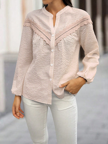 LUNE Women's Plain Color Patchwork Front Button Long Sleeve Minimalist Top, Casual Daily Wear