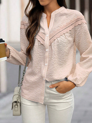 LUNE Women's Plain Color Patchwork Front Button Long Sleeve Minimalist Top, Casual Daily Wear