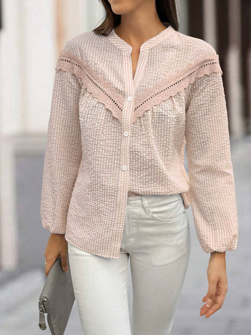 LUNE Women's Plain Color Patchwork Front Button Long Sleeve Minimalist Top, Casual Daily Wear