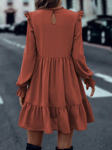 Women's Plain Color Ruffle Trim Long Sleeve Frill Trim Short Elegant Dress, Autumn