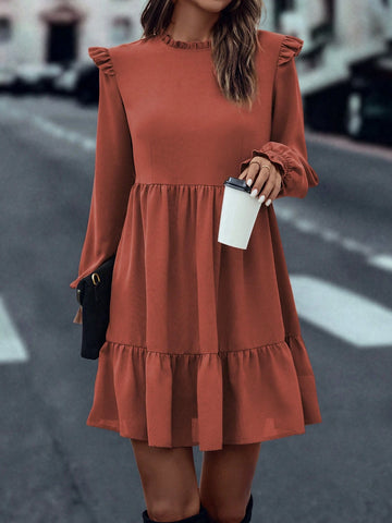 Women's Plain Color Ruffle Trim Long Sleeve Frill Trim Short Elegant Dress, Autumn
