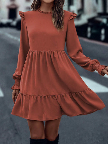 Women's Plain Color Ruffle Trim Long Sleeve Frill Trim Short Elegant Dress, Autumn