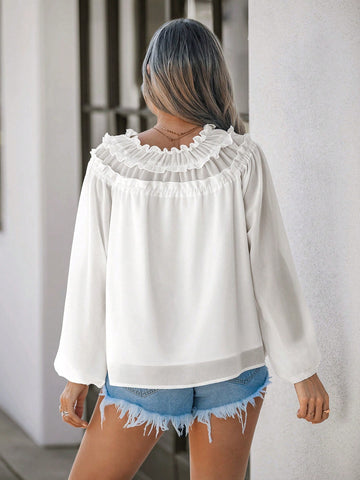 LUNE Women's Plain Tie Front Long Sleeve Gathered Blouse