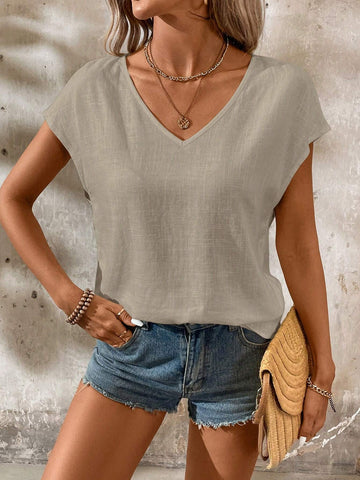 LUNE Women's Plain V-Neck Short Sleeve Casual Blouse