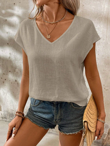 LUNE Women's Plain V-Neck Short Sleeve Casual Blouse