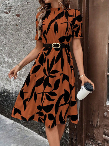 Women's Plant Printed Flounce Hem Short Puff Sleeve A-Line Dress
