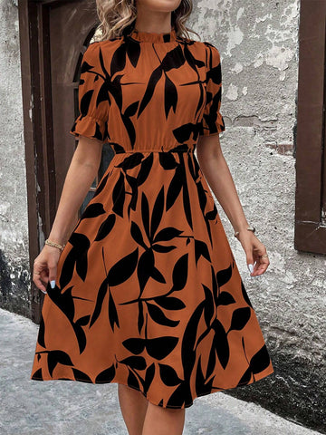 Women's Plant Printed Flounce Hem Short Puff Sleeve A-Line Dress