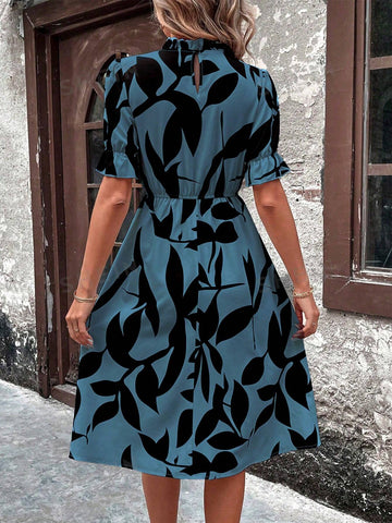 Women's Plant Printed Irregular Cut Ruffle Neck Bubble Sleeve A-Line Dress
