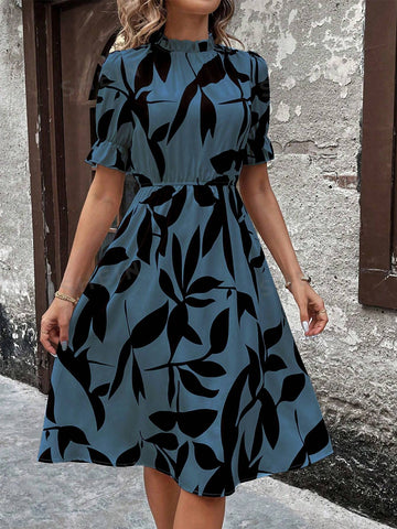 Women's Plant Printed Irregular Cut Ruffle Neck Bubble Sleeve A-Line Dress