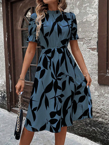 Women's Plant Printed Irregular Cut Ruffle Neck Bubble Sleeve A-Line Dress