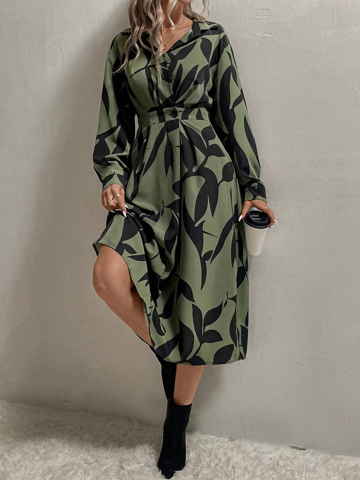 Women's Plant Printed Long Sleeve Cinched Waist Long Casual Shirt Dress