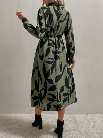 Women's Plant Printed Long Sleeve Cinched Waist Long Casual Shirt Dress