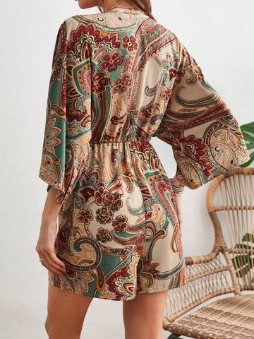 Women's Plant Printed V-Neck Batwing Sleeve Playsuit With Shorts