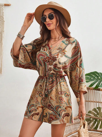 Women's Plant Printed V-Neck Batwing Sleeve Playsuit With Shorts