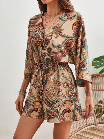 Women's Plant Printed V-Neck Batwing Sleeve Playsuit With Shorts