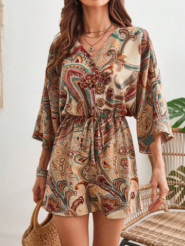 Women's Plant Printed V-Neck Batwing Sleeve Playsuit With Shorts
